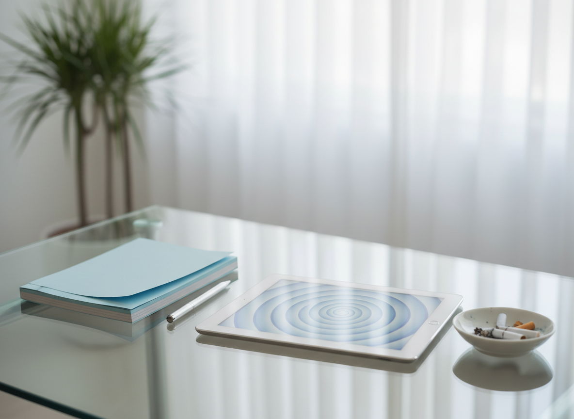 An elegant, clean glass tabletop with a neatly stacked set of pale blue notepads, a silver pen, and a sleek tablet displaying an abstract calming spiral pattern to evoke hypnotherapy, beside a small white ceramic dish containing a few crumpled cigarette filters as a symbol of quitting. In the softly blurred background, a tall green plant and sheer curtains are visible. Soft studio lighting mimics daylight, giving even illumination and delicate reflections on the glass. Photographic realism, shot at a slight angle using the rule of thirds, creating spacious negative space ideal for overlaying text. The mood is professional, optimistic, and supportive of a structured smoking cessation journey.