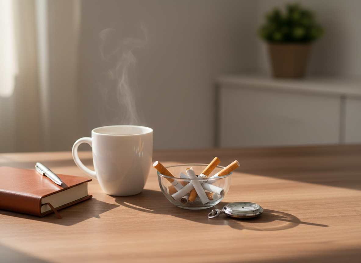 A neatly arranged wooden desk surface symbolizing smoking cessation, with a pristine white ceramic mug of herbal tea, a closed leather-bound journal, and a small clear glass bowl filled with broken unused cigarettes. The mood is serene, professional, and hopeful.