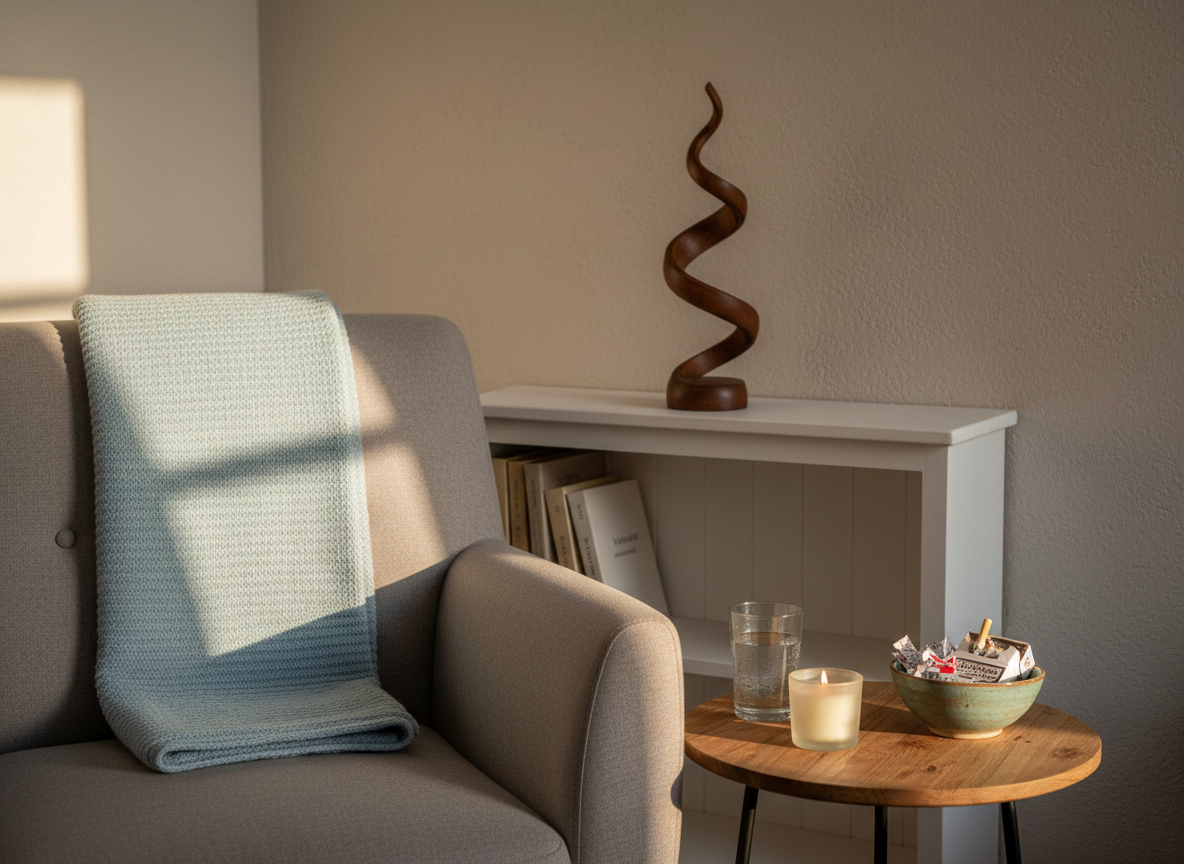 A cozy living-room corner captured in photographic realism, featuring a plush light-gray armchair with a folded pale blue blanket and a small round wooden side table. On the table rests a clear glass of water, a single tealight candle in a frosted holder, and a small ceramic bowl filled with shredded pieces of a cigarette pack, symbolizing successful quitting. Behind, a simple bookshelf holds a few neutral-toned books and a decorative object in a spiral form hinting at hypnosis. Warm late-afternoon light streams in from the right, creating soft highlights and gentle shadows. Shot at eye level with a balanced, calm composition, the atmosphere feels safe, encouraging, and ideal for wellness transformation.