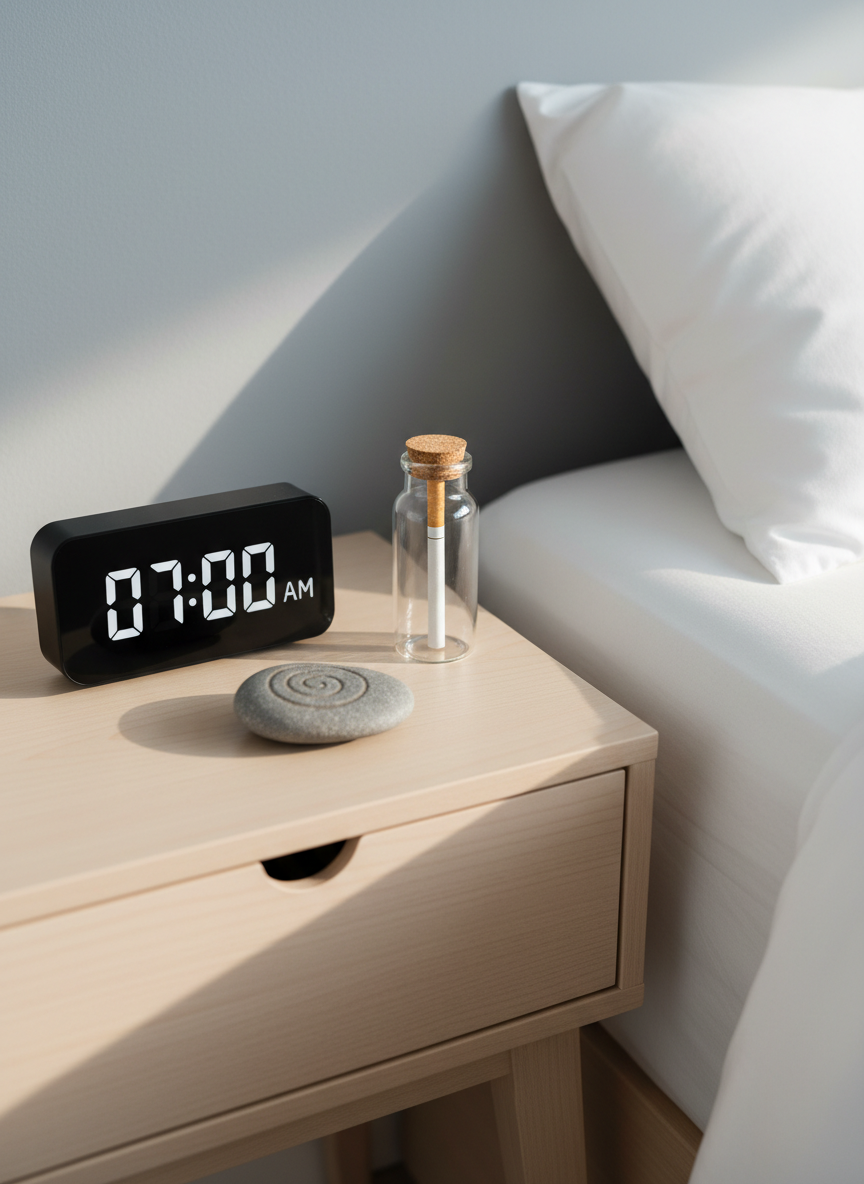 A close-up photographic image of a minimalist bedside table in a calm bedroom, featuring a sleek digital alarm clock, a smooth river stone engraved-like with a subtle spiral pattern symbolizing hypnosis, and a small glass jar where a single unlit cigarette rests sealed inside, representing control and freedom. The table stands beside crisp white bedding and a soft gray wall. Diffused natural daylight filters through an unseen window, casting gentle, soothing shadows. Captured from a slightly elevated angle, with a shallow depth of field and clean, modern composition. The atmosphere is tranquil and reassuring, perfectly suited to a professional hypnotherapy site focused on smoke-free sleep and wellness.